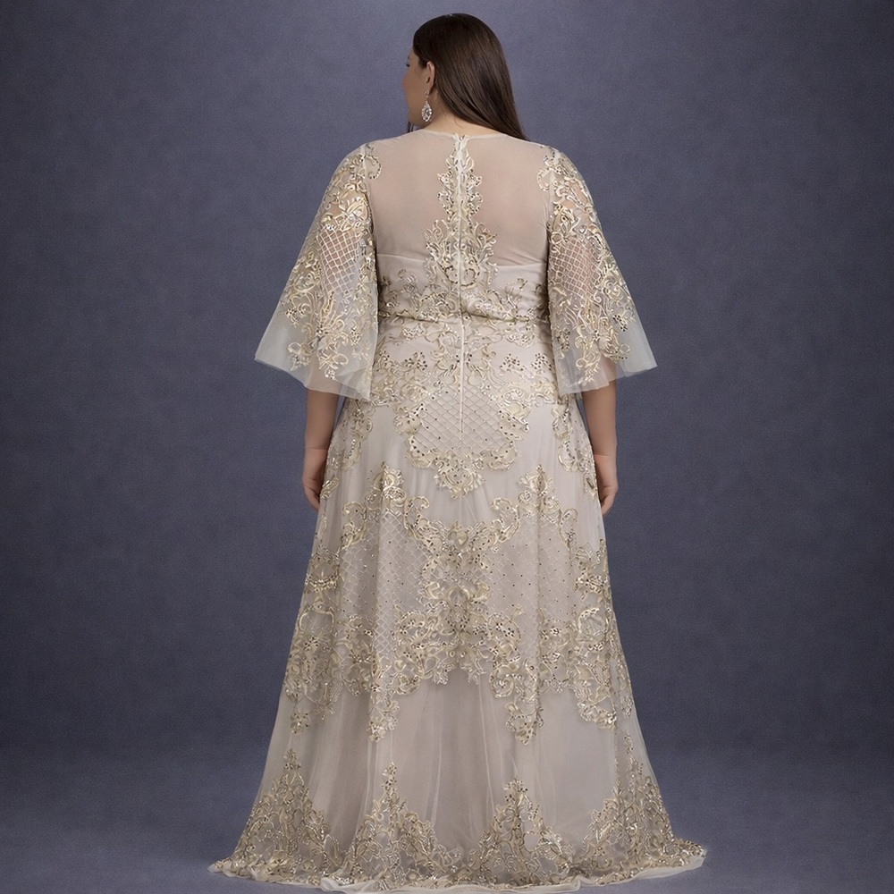 Champagne Beaded Wedding Gown 20 Formal Bridal Illusion Lace - Picture 2 of 4